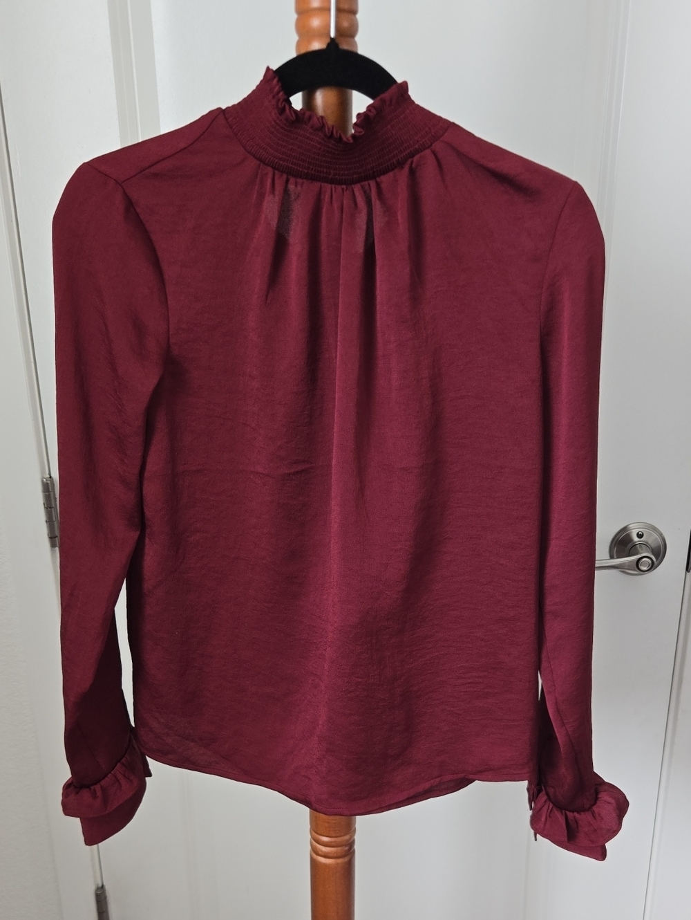 Express Women's Burgundy Ruffle Neck Long-Sleeve Top Size XS
